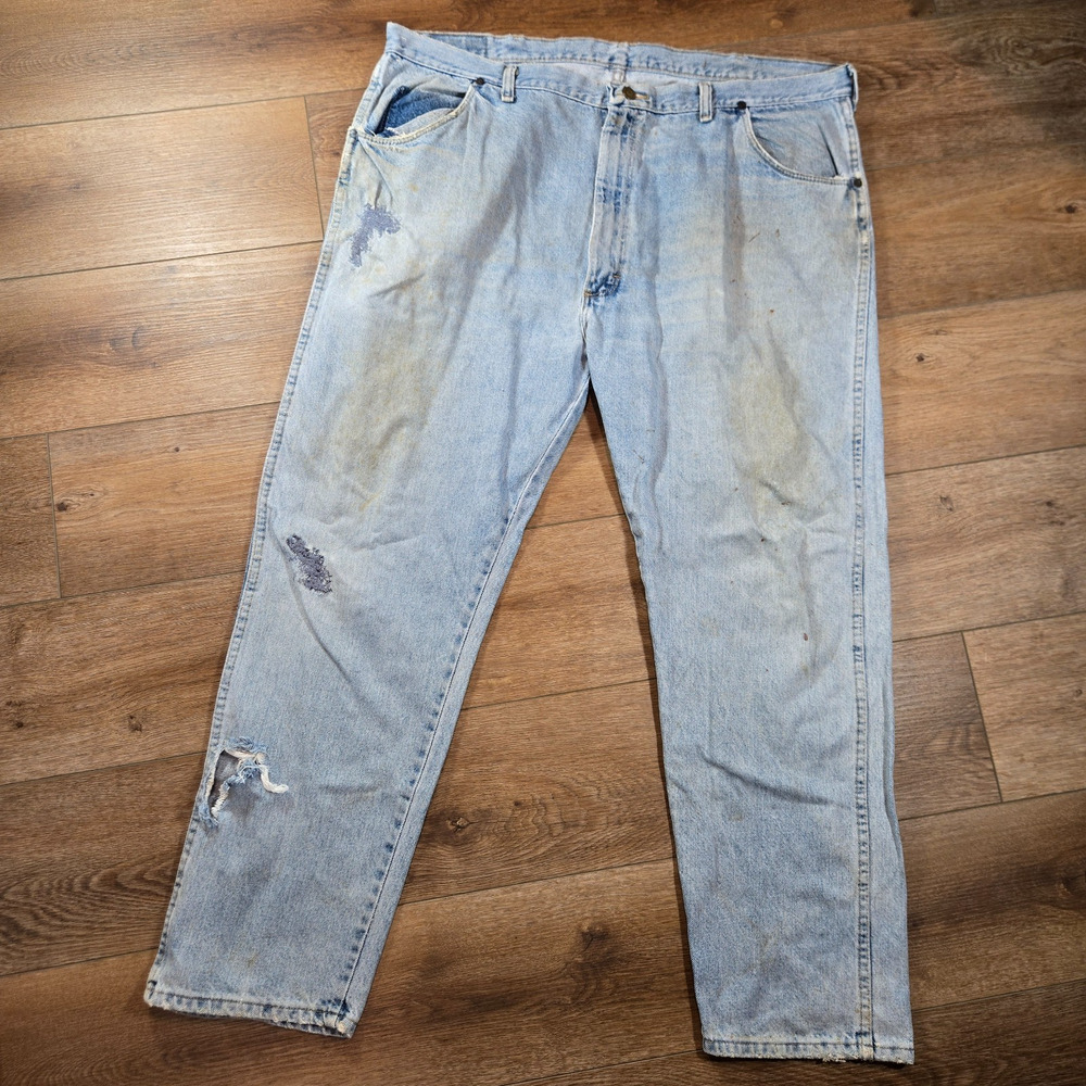 Wrangler Relaxed Jeans 42x30 Distressed Blue Denim Thrashed USA Workwear